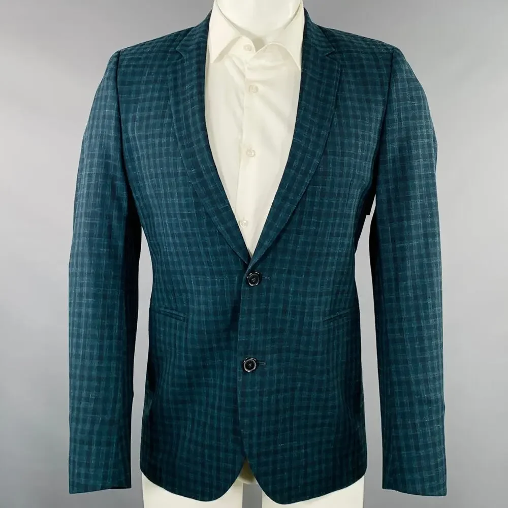 PAUL SMITH Size 36 Green Navy Checkered Wool Linen Sport Coat